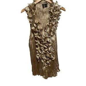 VTG Serenade Women's Gold Accordion Ruffle V-Neck Sleeveless Top Sz S‎